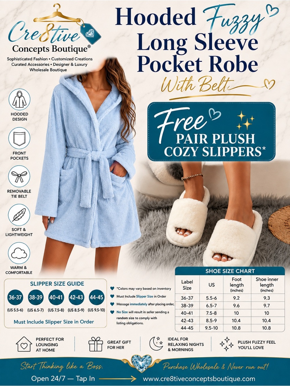Hooded Fuzzy Long Sleeve Pocket Robe With Belt w Free Slippers